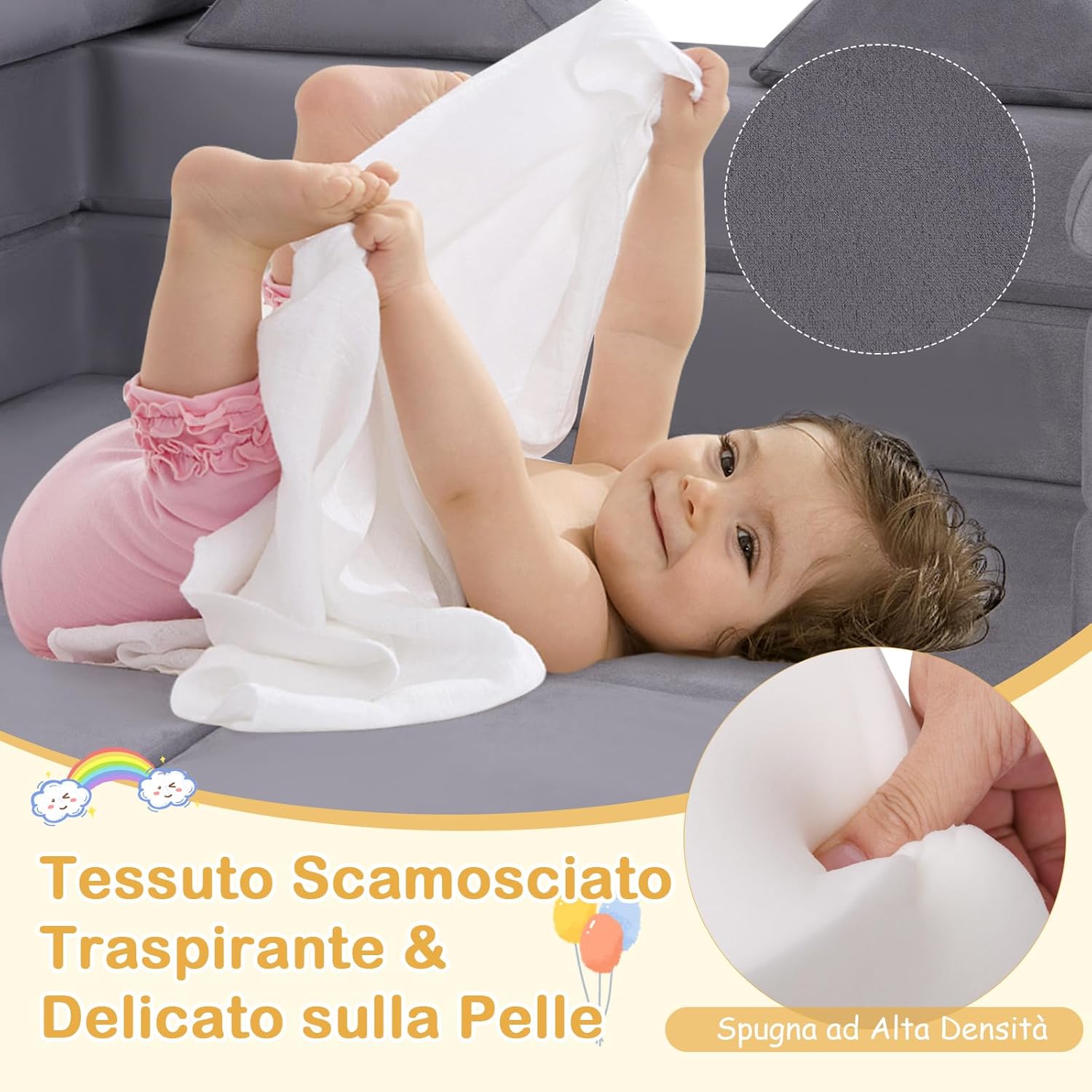 Divano Modulare per Bambini, 9 Pezzi, Divano Letto per Bambini in Schiuma con Tessuto Suede, Coperture Lavabili, Divano Convertibile per Stanze da Gioco, Camere da Letto, Soggiorno (Grigio)