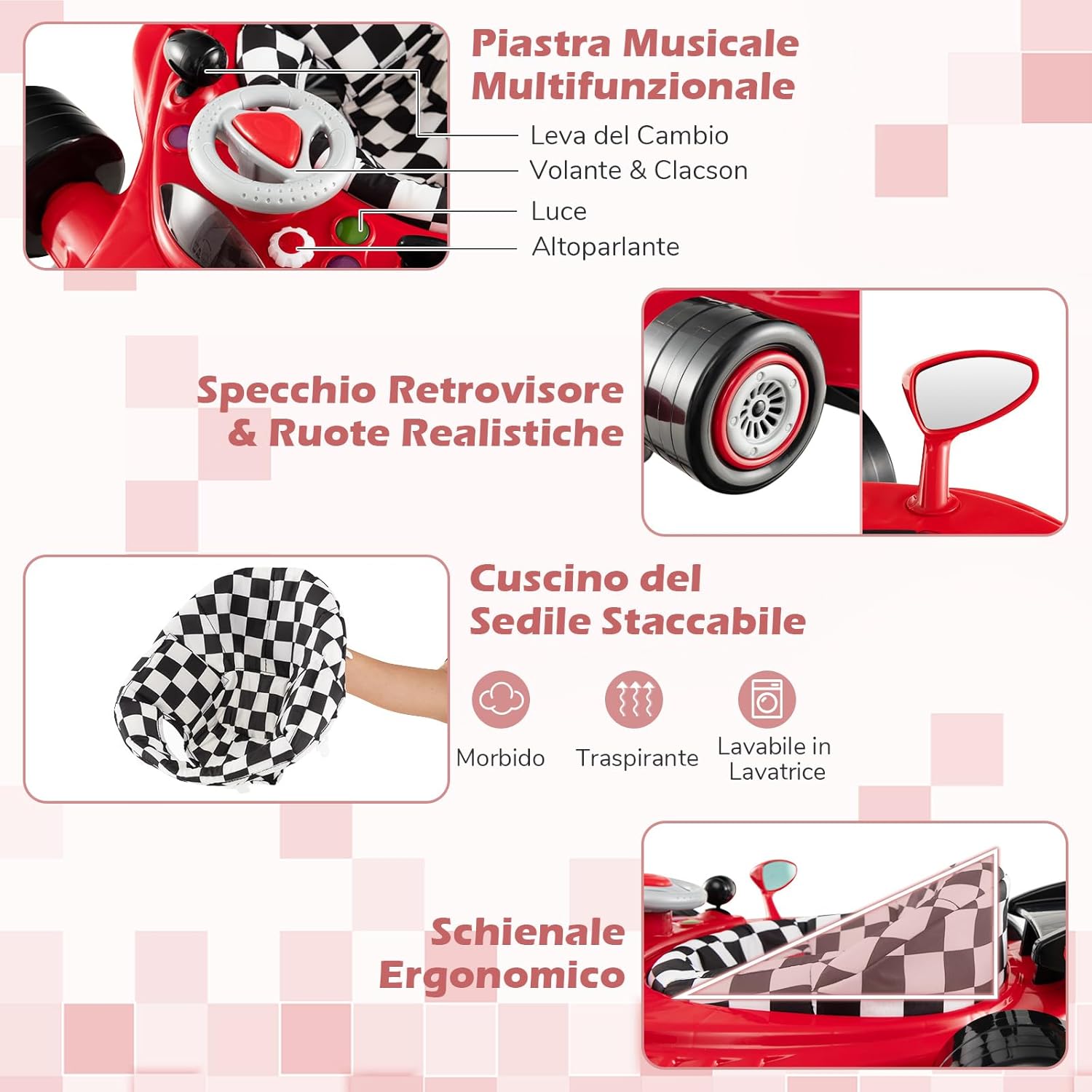 4 in 1 Girello per Bambini, Primi Bassi per Neonati con Altezza Regolabile, Girello Pieghevole con Vassoio Rimovibile, Musica e Luci, per Bambini 6+ Mesi (Rosso)