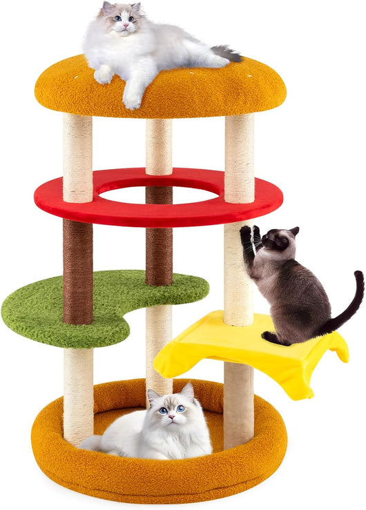 Albero per Gatti 106 cm, Tiragraffi per Gatti a Tema Hamburger con Trespolo Imbottito, Letto Spazioso, Tiragraffi di Sisal e Cuscini Morbidi, Casetta per Gattini, 60 x 60 x 106 cm