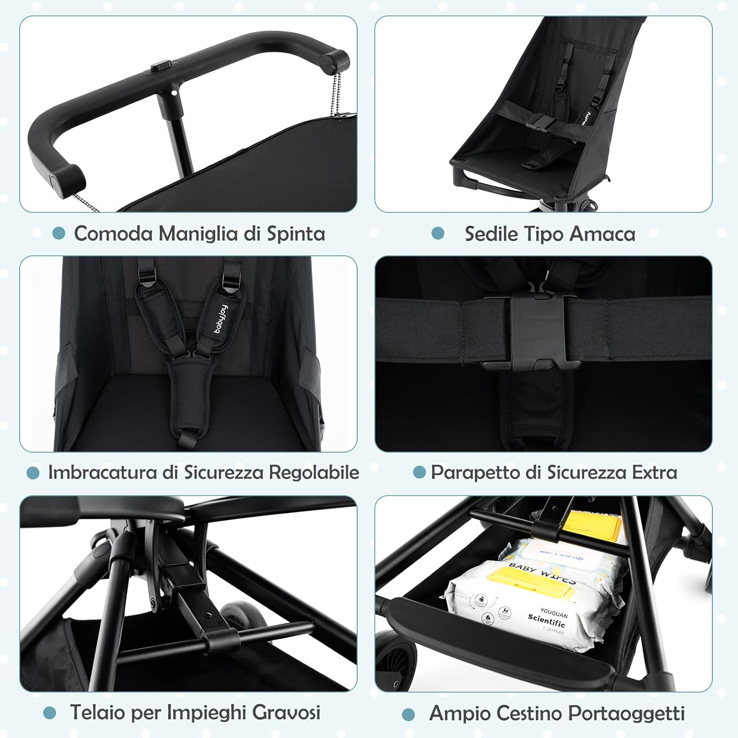 Passeggino Leggero per Bambini, Passeggino Compatto con Tettuccio Regolabile, Cestino di Stoccaggio e Ruote, Passeggino Pieghevole per Bambini 6+ Mesi