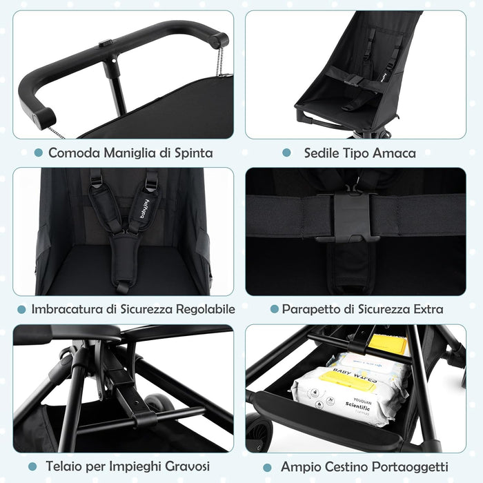 Passeggino Leggero per Bambini, Passeggino Compatto con Tettuccio Regolabile, Cestino di Stoccaggio e Ruote, Passeggino Pieghevole per Bambini 6+ Mesi