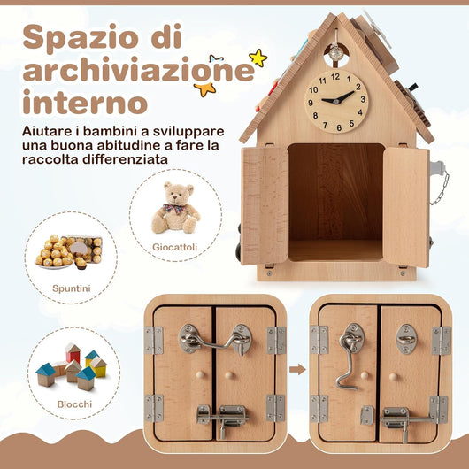 Occupato Montessori per Bambini in Legno, Casetta Giocattolo Piccola con Giochi Sensoriali e Vano Interno, Giochi Montessori per Motricità Fine, per Bambini 3 Anni+