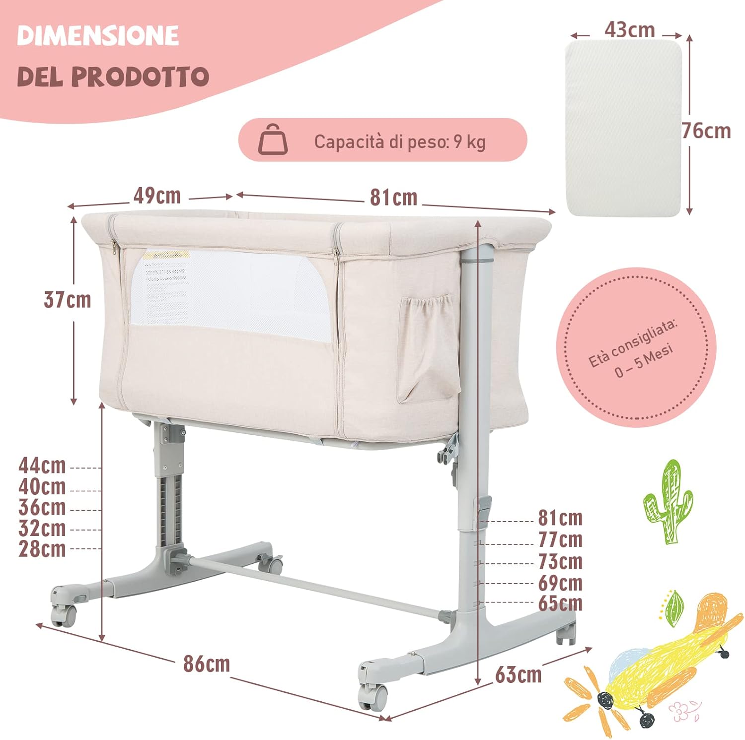 Culla Neonato Fianco Letto 3 in 1, Lettino Dondolo Neonati con Materasso, Culla da Campeggio con Ruote e Borsa, Regolabile In Altezza, Inclinazione di 10°, per Bambini 0-6 Mesi (Beige)