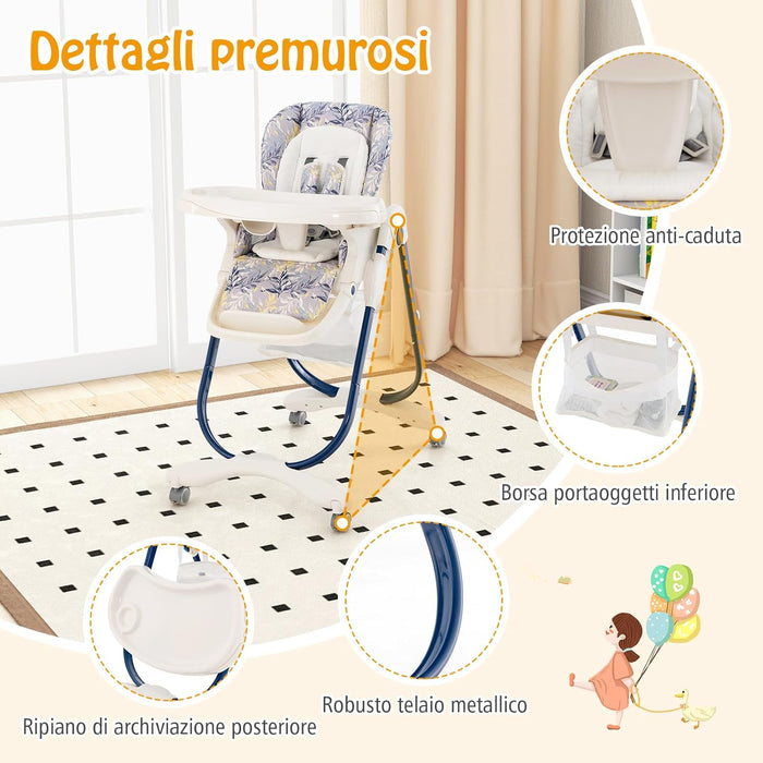 Seggiolone Pappa per Bambini e Neonati, Seggiolone Pieghevole Multifunzione con Ruote, Altezza Regolabile, Poggiapiedi e Schienale, Vassoio Rimovibile, per 6-36 Mesi (Blu)