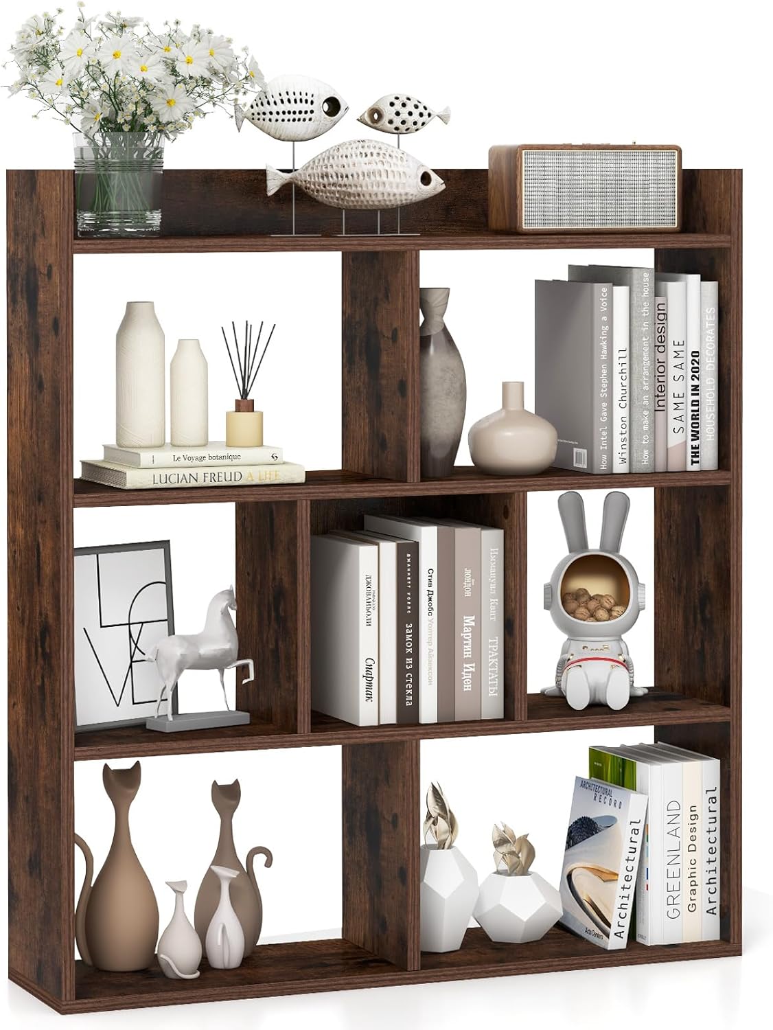 Libreria a Cubi con 7 Scomparti, Mensola Espositiva per l'Archiviazione, Libreria in Legno con Dispositivi Anti-Ribaltamento, per Studio Soggiorno, 80x20x90 cm (Caffè)