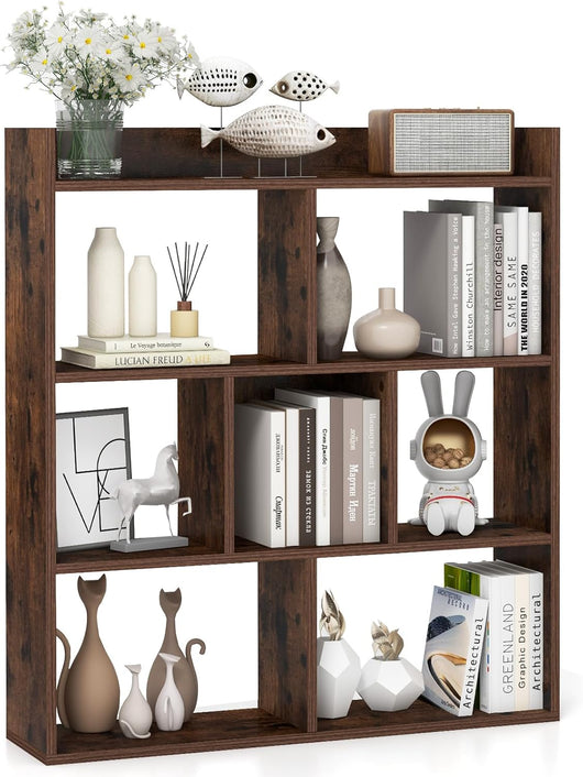 Libreria a Cubi con 7 Scomparti, Mensola Espositiva per l'Archiviazione, Libreria in Legno con Dispositivi Anti-Ribaltamento, per Studio Soggiorno, 80x20x90 cm (Caffè)