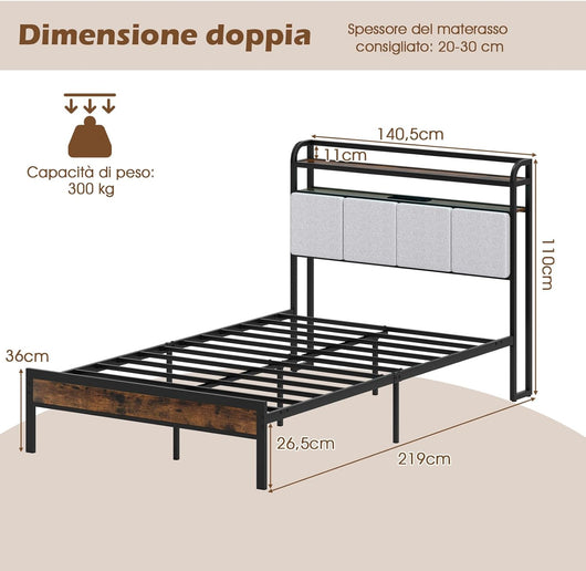 Letto Matrimoniale 220 x 140 cm con Luci LED a Telecomando, Struttura Letto con Stazione d Ricarica, Telaio Letto con Testiera Rivestita in Lino, Capacit¨¤ di 500 kg, Marrone Rustico