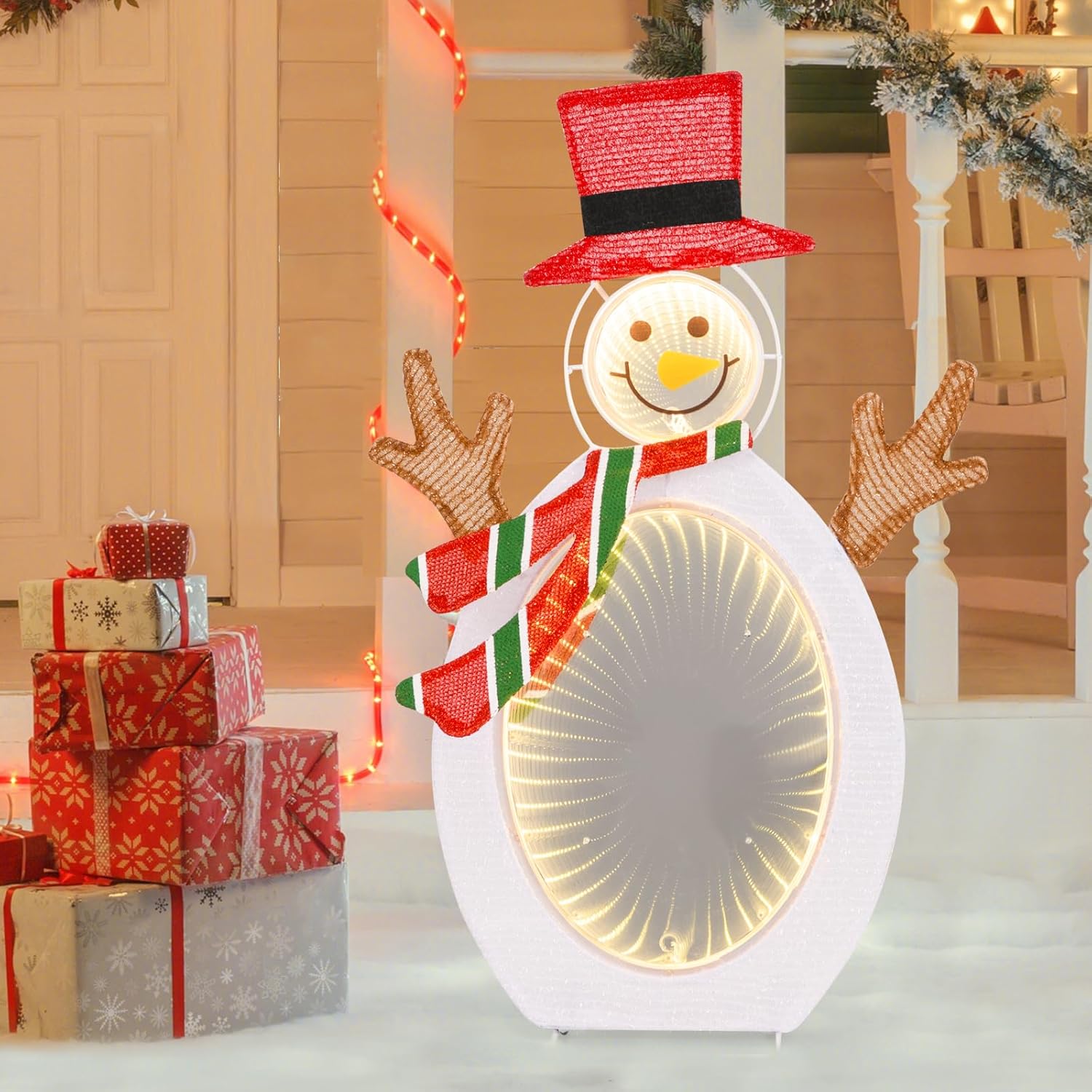 Pupazzo di Neve Illuminato, Decorazione Natalizia con 75 Luci LED, Cappello Rosso e Sciarpa, per Giardino, Cortile e Prato