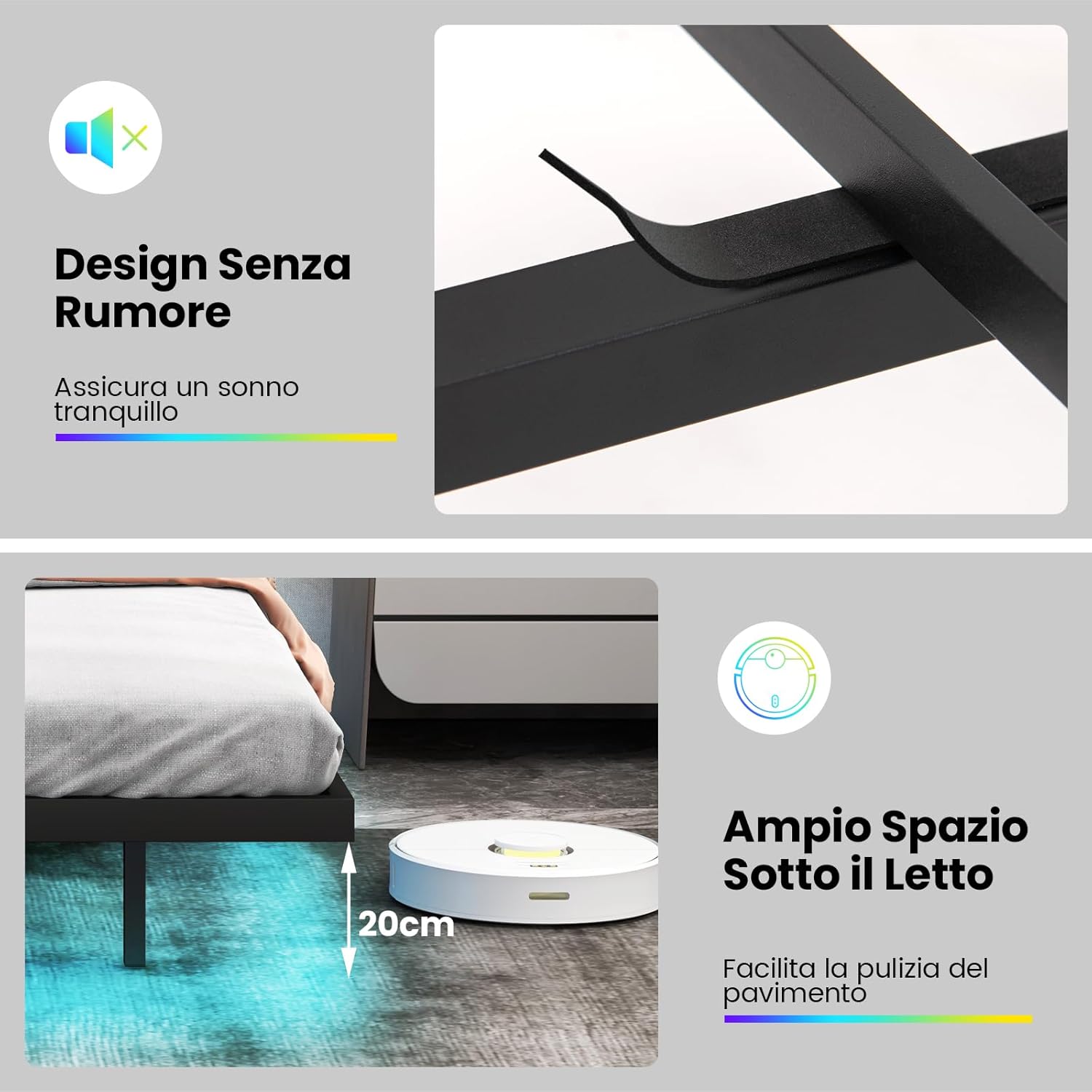 Struttura Letto Matrimoniale con Luci LED, Letto a Piattaforma con Testiera Imbottita Regolabile e Stazione di Ricarica, Letto Moderno in Metallo, Silenzioso, Carico 300kg (200 x 140cm)