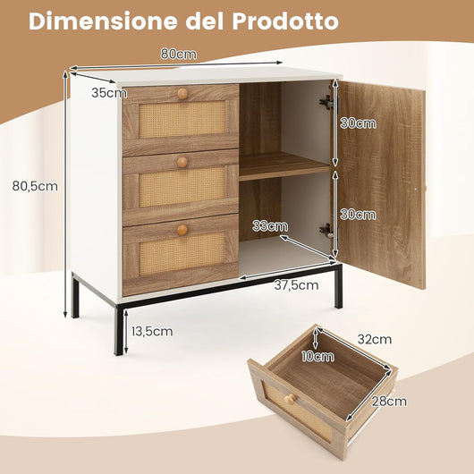 Mobile Credenza con Ante in Rattan, Mobile Buffet da Cucina con 3 Cassetti, per Cucina, Soggiorno e Ingresso, 80 x 35 x 80,5 CM