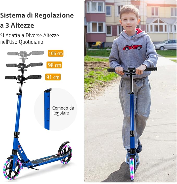 Scooter Monopattino a Spinta per Bambini Pieghevole e Regolabile in Altezza (91-106 cm), con Ruote Luminose e Cavalletto, Carico Massimo 100kg