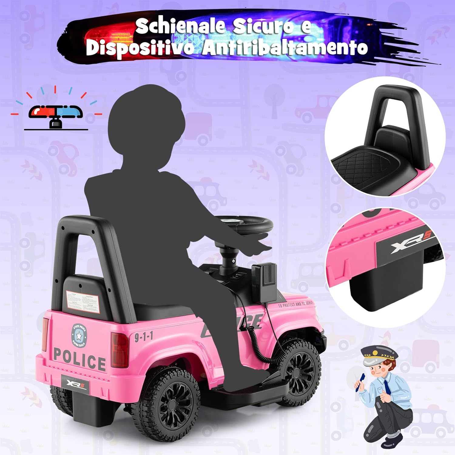 Auto Elettrica per Bambini, Auto della Polizia Giocattolo con Clacson Luce di Avvertimento e Suono della Sirena, Velocità 3 km/h, per Bambini 18-60 Mesi (Rosa)