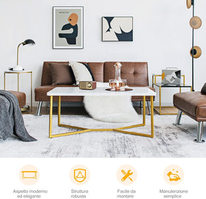 Tavolino Basso da Caffè per Salotto Soggiorno, Tavolino Rettengolare, con Effeto Marmo Bianco Lucido, 107 x 60 x 45,5 cm