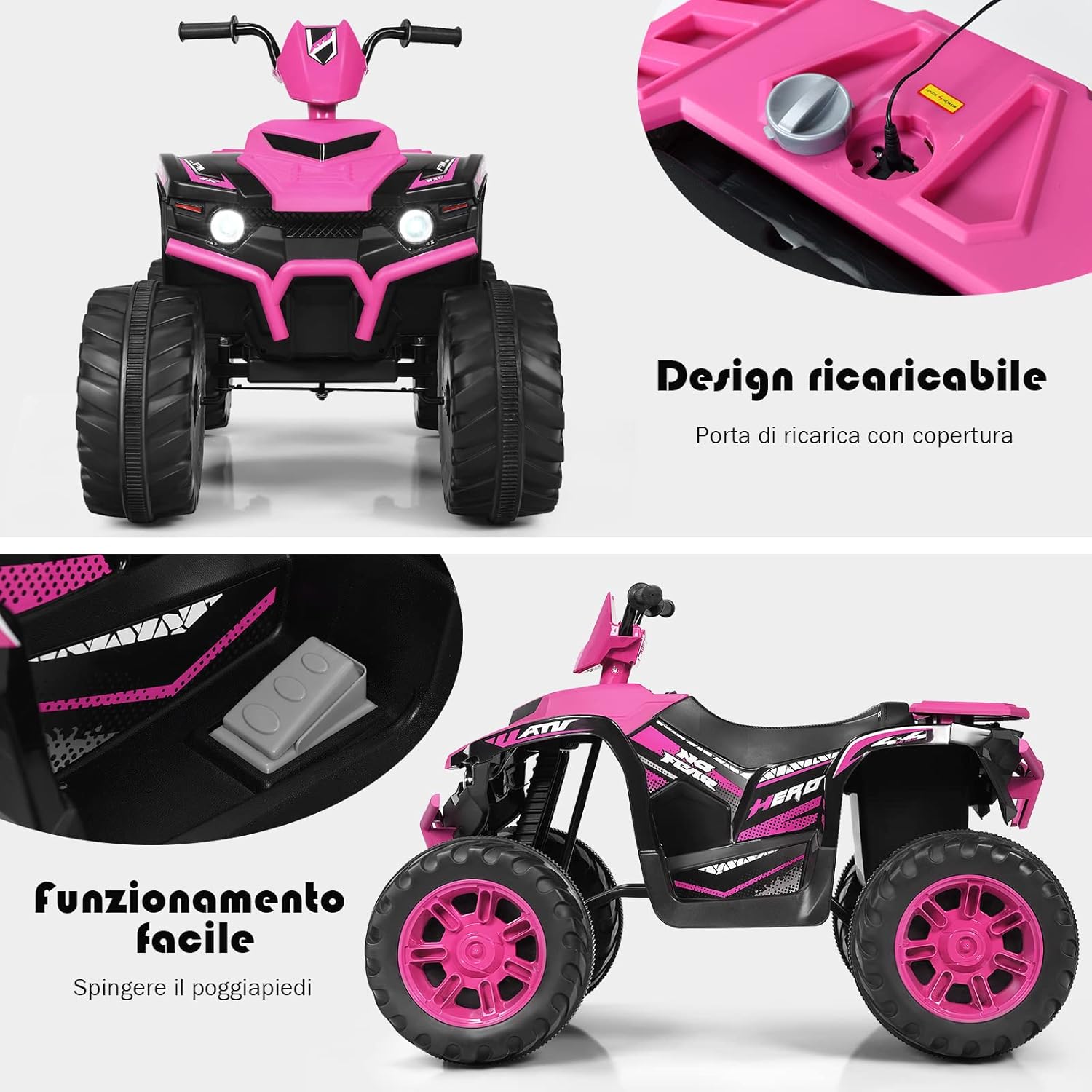 12 V Quad Elettrico per Bambini, Auto Elettrica Cavalcabile con Luci LED e Musica, Velocità Fino a 5km/h, per Bambini 3-7 Anni (Rosa)