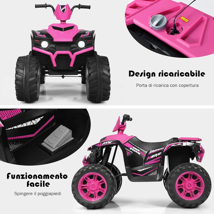 12 V Quad Elettrico per Bambini, Auto Elettrica Cavalcabile con Luci LED e Musica, Velocità Fino a 5km/h, per Bambini 3-7 Anni (Rosa)