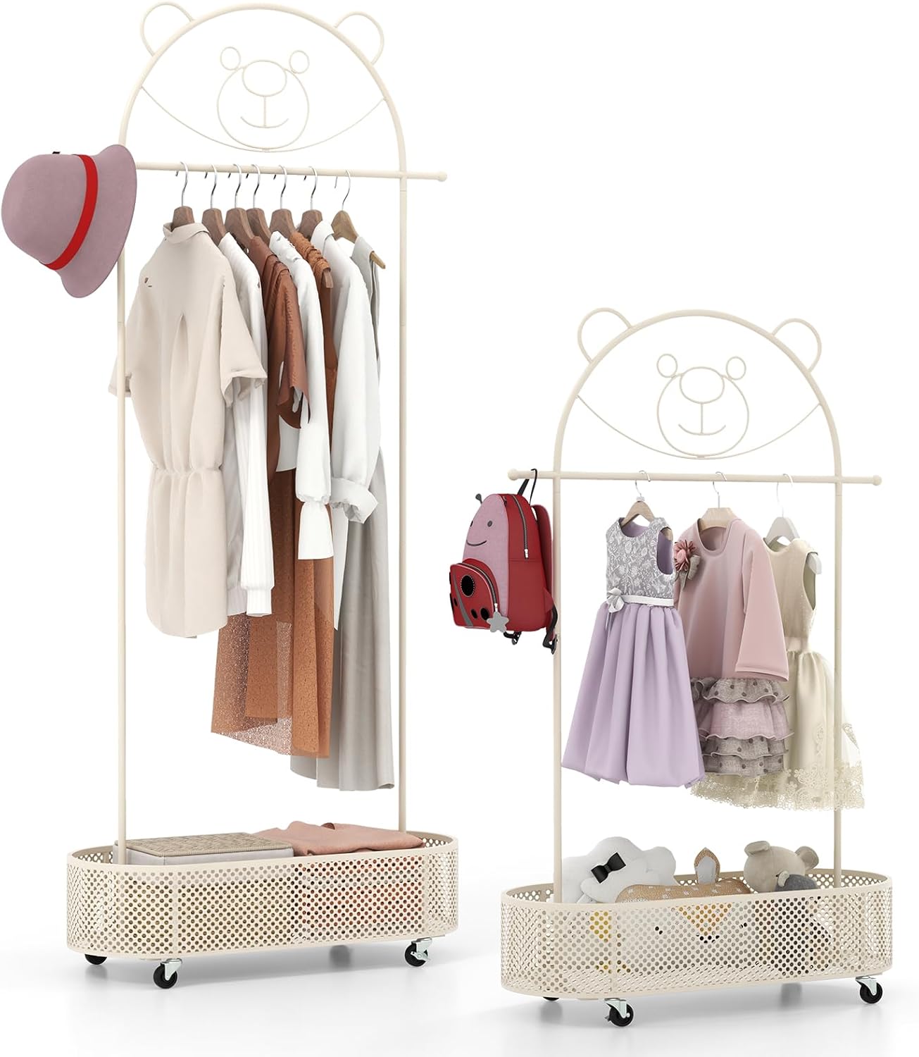 Appendiabiti per Bambini con 3 Altezze Regolabili, Supporto per Abiti con Ruote, con Asta e Cesto Portaoggetti in Ferro, per Stanza dei Bambini Soggiorno, 81x34x182 cm (Bianco)