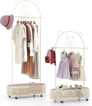 Appendiabiti per Bambini con 3 Altezze Regolabili, Supporto per Abiti con Ruote, con Asta e Cesto Portaoggetti in Ferro, per Stanza dei Bambini Soggiorno, 81x34x182 cm (Bianco)