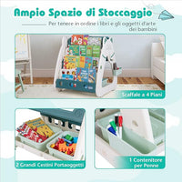 Cavalletto Artistico per Bambini con Sgabello, Lavagna Magnetica a Secco a Doppia Faccia 3 in 1 con Scrivania, Scaffale per Libri, Sgabello (Verde+ Bianco)