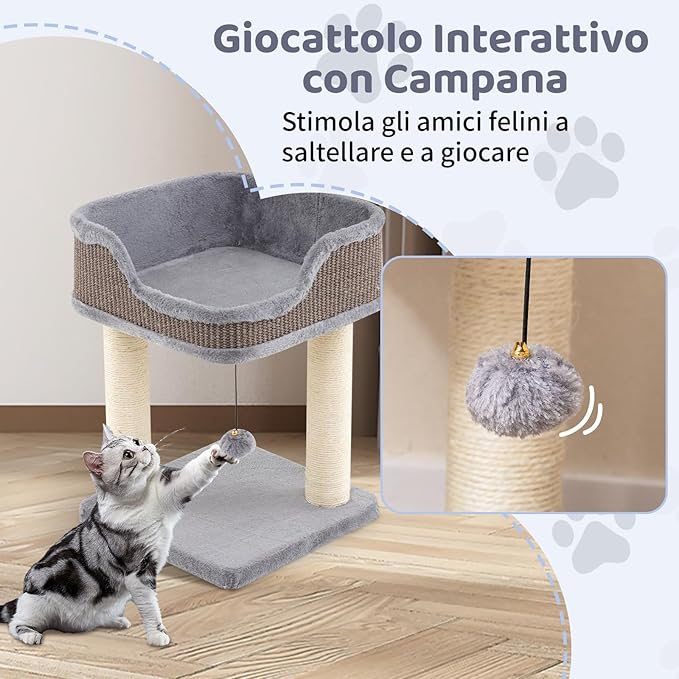 Albero per Gatti 38 x 38,5 x 51 cm, Torre per Gatti con Posatoio in Peluche, Pali Graffianti in Sisal e Palla Pendente, Centro Attività Moderno per Animali Domestici (Grigio)