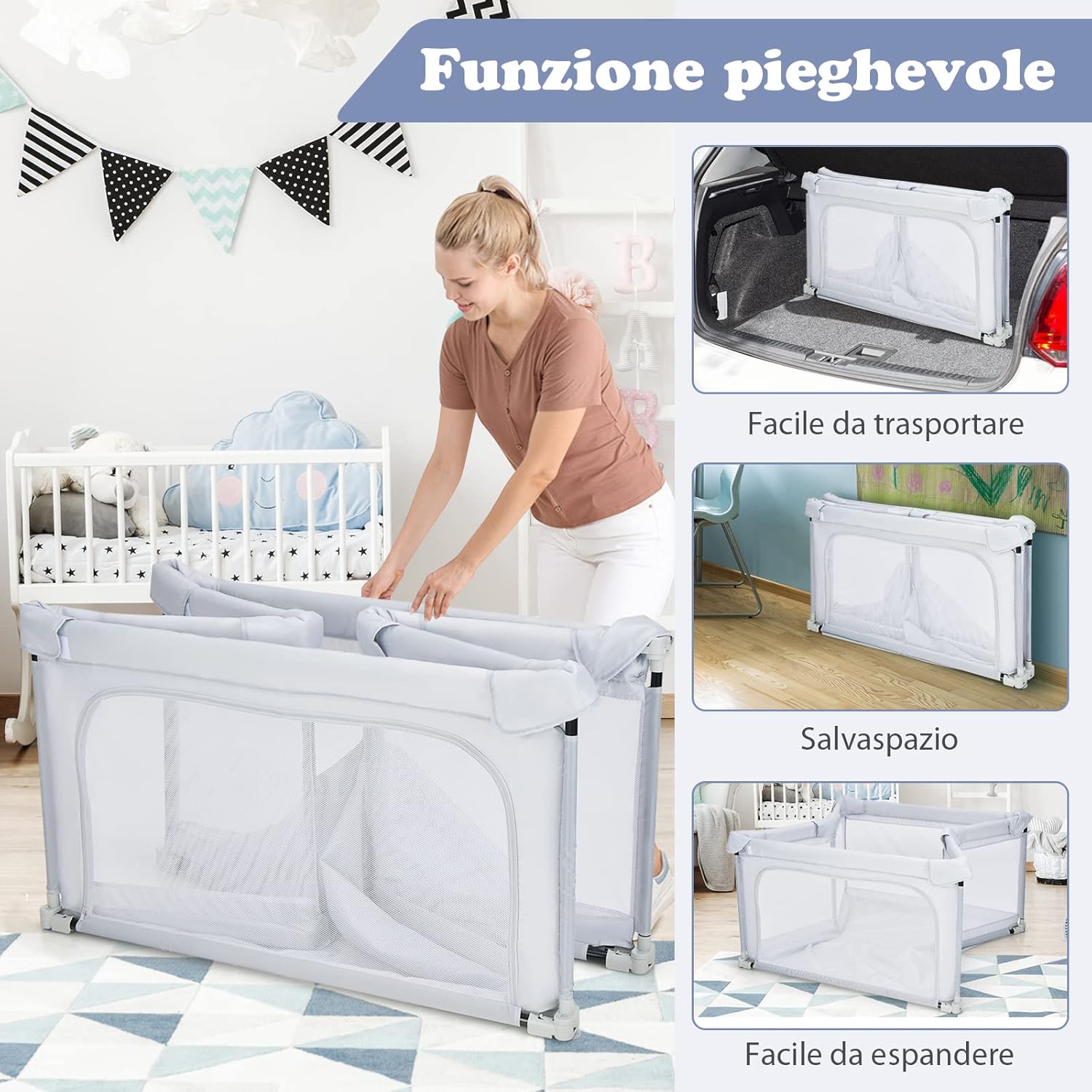 Recinto per Bambini, Box per Bambini con Rete Traspirante, Centro Attività per Bambini con 50 Palline, Box Giochi per Bambini 0-3 Anni (Grigio, ‎124 x 124 cm)