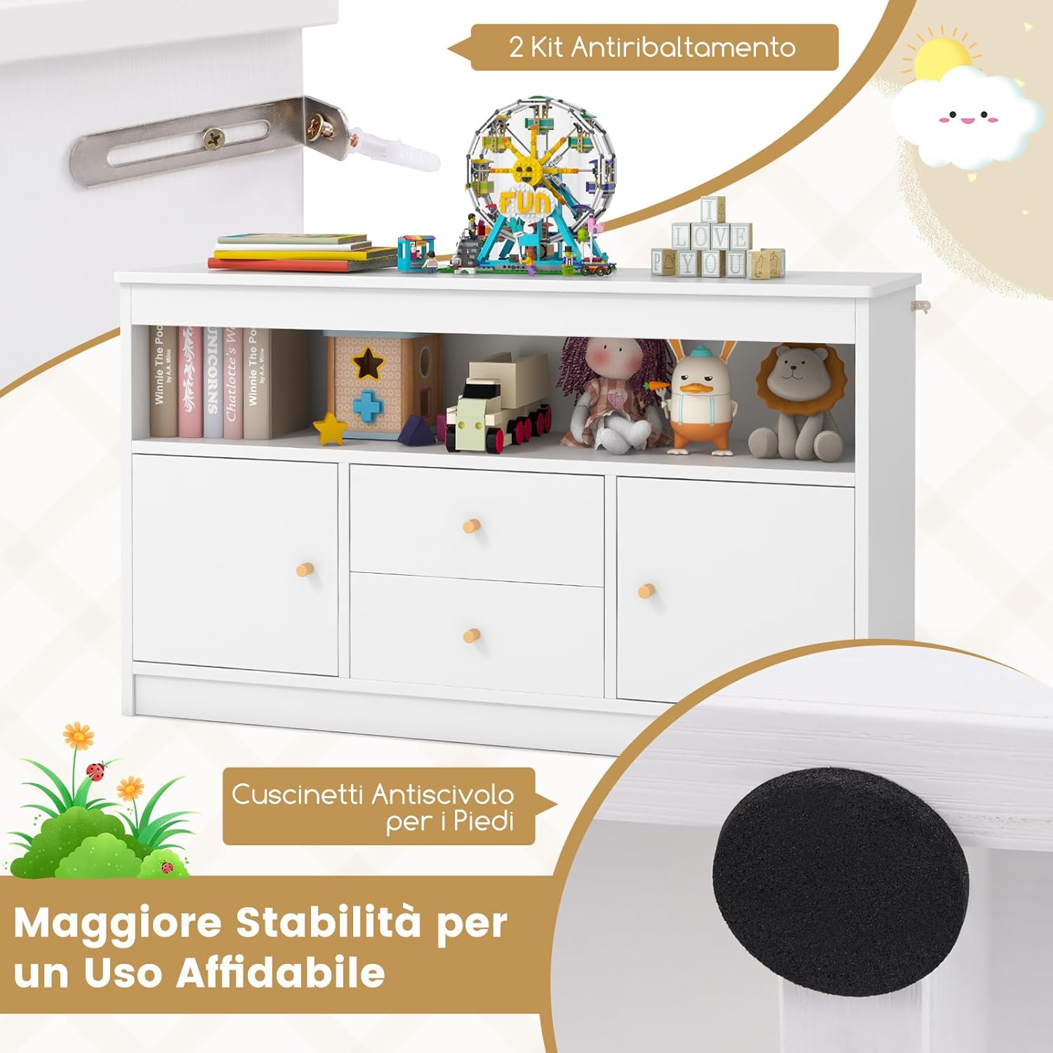 Organizzatore per Giocattoli per Bambini, Scaffale in Legno con Scomparto Aperto 2 Cassetti e 2 Ante, Mobile Multifunzionale per Sala Giochi Camera da Letto Asilo, 106x30x62 cm (Bianco)