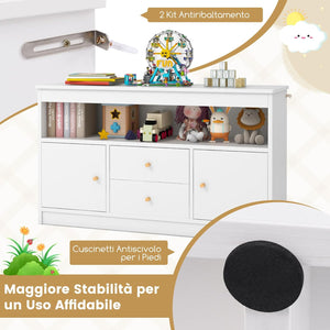 Organizzatore per Giocattoli per Bambini, Scaffale in Legno con Scomparto Aperto 2 Cassetti e 2 Ante, Mobile Multifunzionale per Sala Giochi Camera da Letto Asilo, 106x30x62 cm (Bianco)