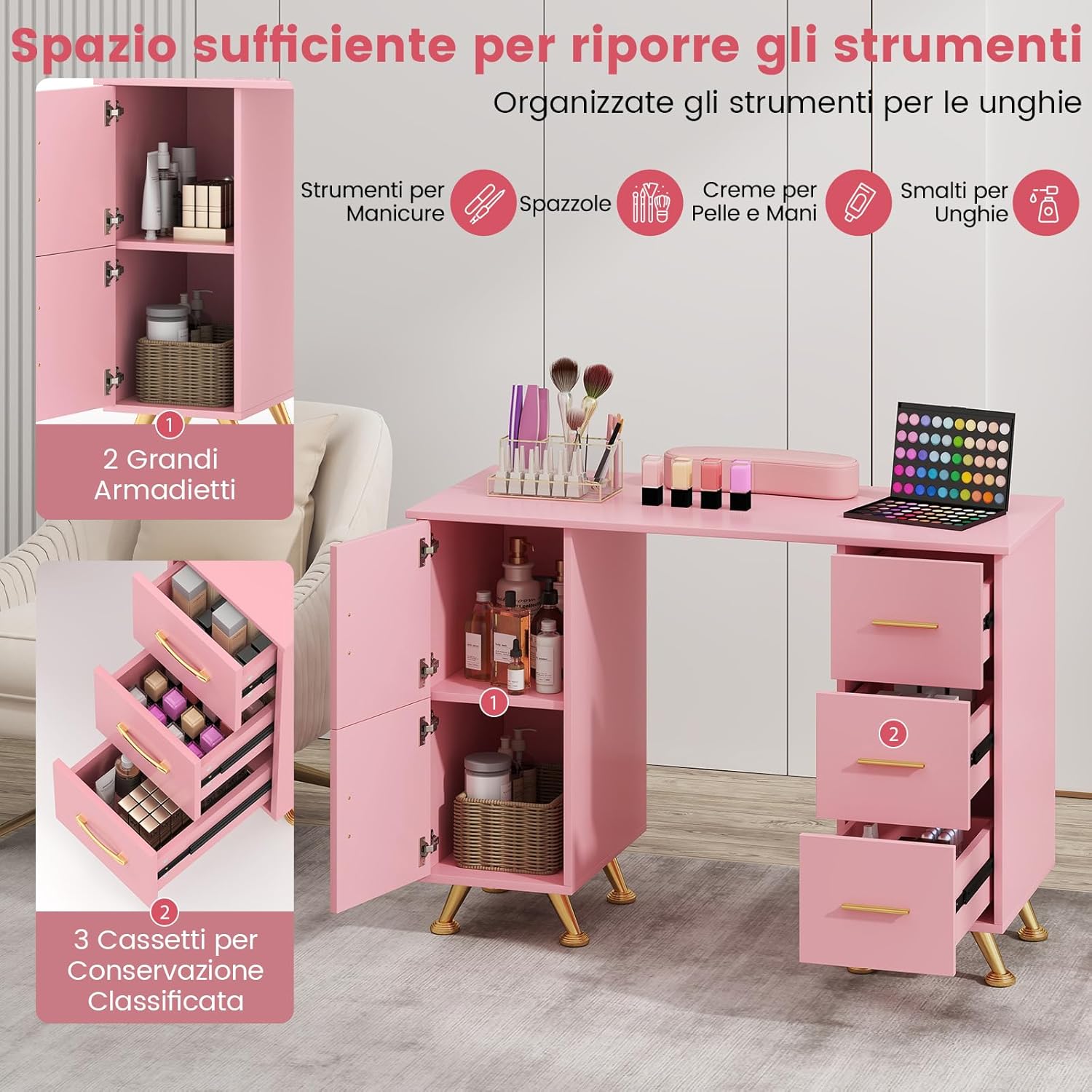 Tavolo per Manicure, Tavolo per Unghie con Cassetti, Cuscino Poggia Polsi e Gambe in Metallo, Stazione per Unghie Estetista Nail Art per Salone di Bellezza (Rosa)