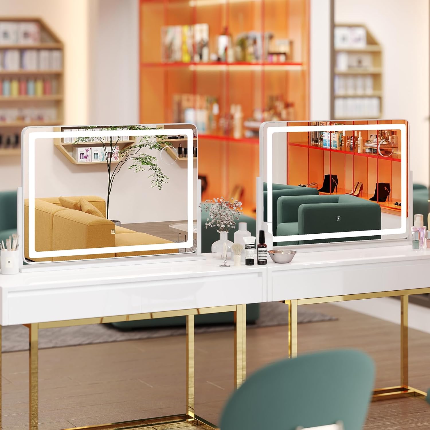 Speechio da Trucco con Luci Regolabile in Luminosit¨¤ e a 3 Colori, Specchio da Tavolo con Specchio Ingrendimento 10X, Specchio da Trucco a Rotazione, 80 x 55 cm, Bianco