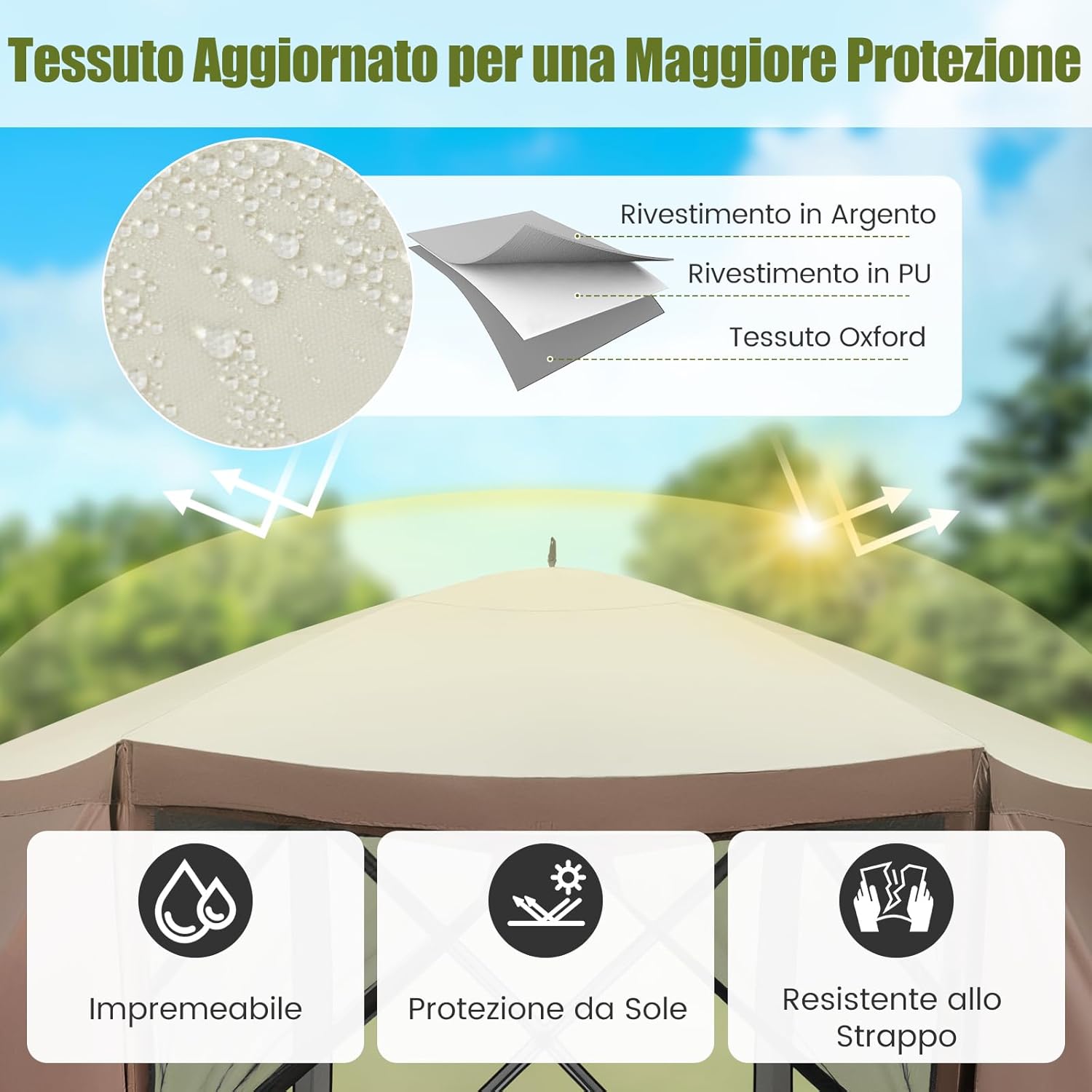 Gazebo da Giardino Pop-Up 3,5 x 3,5 m, Tenda da Giardino a 6 Lati con Tetto Ventilato e Manico, 2 Pareti Rimovibili, Rete a Maglia, Borsa da Trasporto per Patio, Giardino, Campeggio