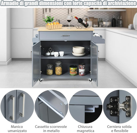Carrello da Cucina con Ruote di Gomma, Scaffale per Microonde Carrello Servizio, Credenza Cucina Legno Moderno Elegante, 116 x 37 x 85 cm (Grigio)