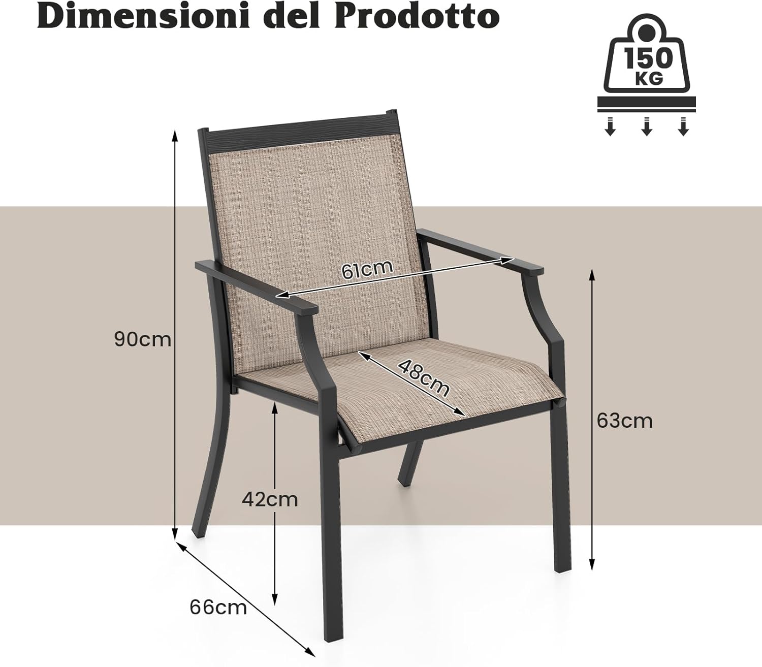 2 Sedie da Pranzo per Patio, Poltrone da Esterno con Seduta Traspirante e Telaio in Metallo, Schienale Ergonomico e Braccioli, Poltrone con Schienale Alto per Portico, Cortile, Prato(CaffÃ¨)