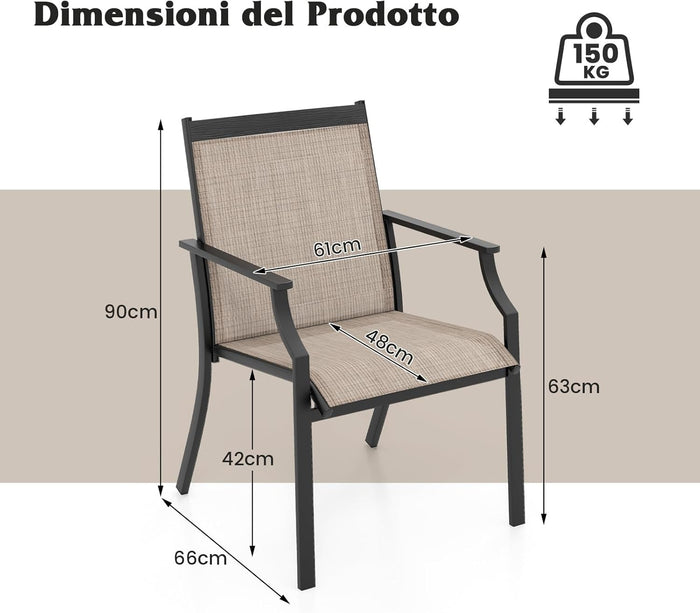 2 Sedie da Pranzo per Patio, Poltrone da Esterno con Seduta Traspirante e Telaio in Metallo, Schienale Ergonomico e Braccioli, Poltrone con Schienale Alto per Portico, Cortile, Prato(CaffÃ¨)