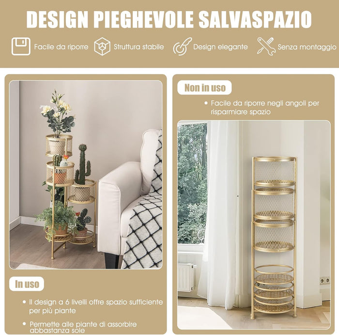 Porta Piante da Interno Pieghevole, Scaffale per Piante e Fiori in Metallo a 6 Livelli,Porta Vasi Salvaspazio da Balcone e Salotto, 41 x 39 x 82 cm (Oro)