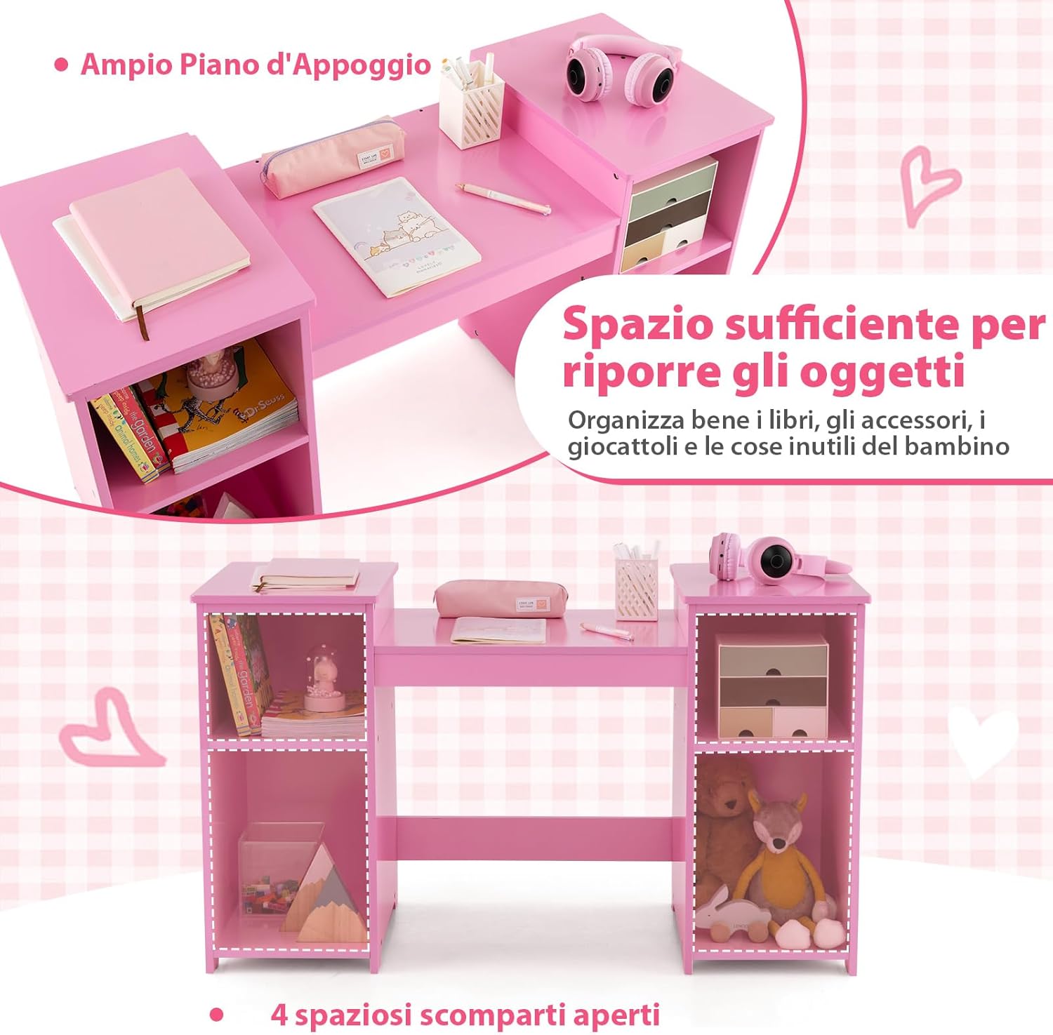 Set Toeletta per Bambini 2 in 1, Set Postazione Trucco in Legno con Sedia, Specchio a 3 Ante Rimovibile e 4 Scomparti, per Bambini 3+ Anni (Rosa)