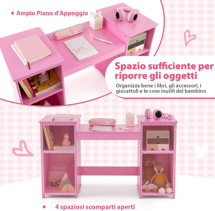 Set Toeletta per Bambini 2 in 1, Set Postazione Trucco in Legno con Sedia, Specchio a 3 Ante Rimovibile e 4 Scomparti, per Bambini 3+ Anni (Rosa)