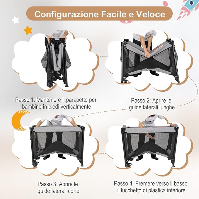 Lettino da Campeggio con Materasso, Lettino Pieghevole per Bambini con Fasciatoio, Culla da Viaggio con Ruote, Giocattolo, Lettino Bambini Staccabile, per Bambini 0-36 Mesi (Nero)