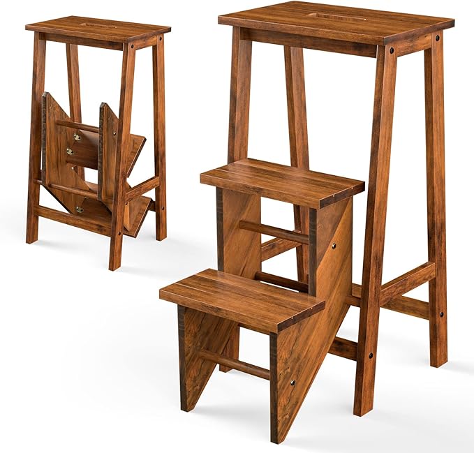 Scaletta Pieghevole, 3 in 1 Scaletta e Sgabello in Legno di Gomma Multifunzione, 3 Gradini, Reversibili Impugnatura, Capacità di Carico 310 kg, Ideale per Studio, Soggiorno (Caffè)