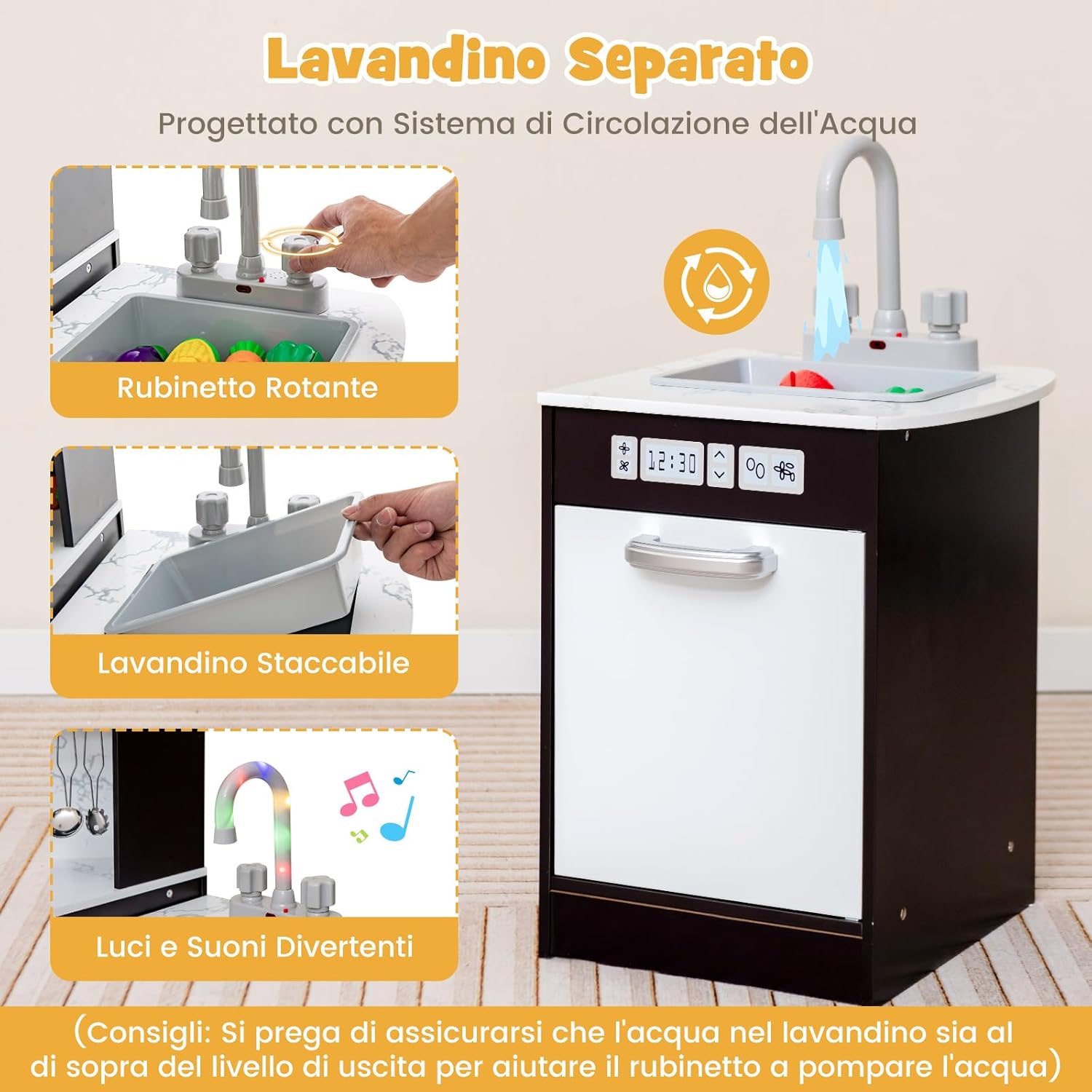 Set di Cucina Giocattolo per Bambini, con Suoni e Luci Divertenti, Lavabo, Forno a Microonde, Macchina del ghiaccio e Lavastoviglie, Lavagna, Ideale per Bambini 3 Anni+ (Caffè)