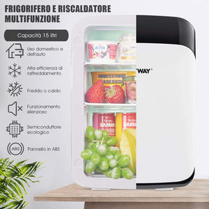 Mini Frigorifero Elettrico 15L, Funzione Caldo e Freddo, Mini frigo per Casa Auto Ufficio e Dormitorio, Prese Incluse, 27 x 33 x 38 cm, DC 12V/AC 220-240V (Bianco) [Classe di efficienza