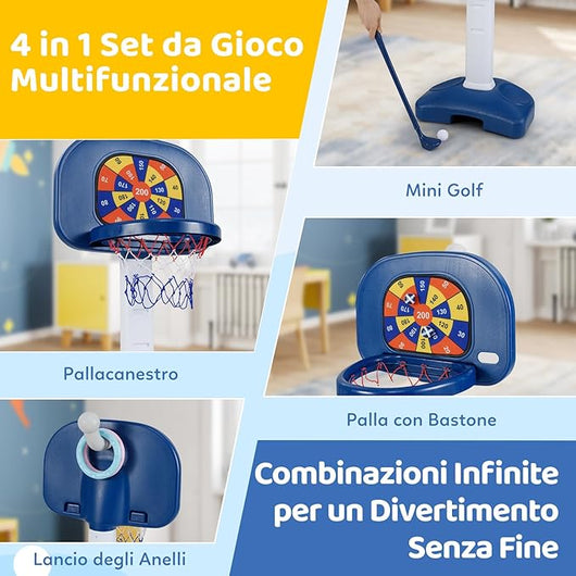4 in 1 Pallacanestro per Bambini, Canestro da Basket Regolabile con Gioco dell'Anello, Palla Appiccicosa e Set da Golf, 53x51x100-140 cm