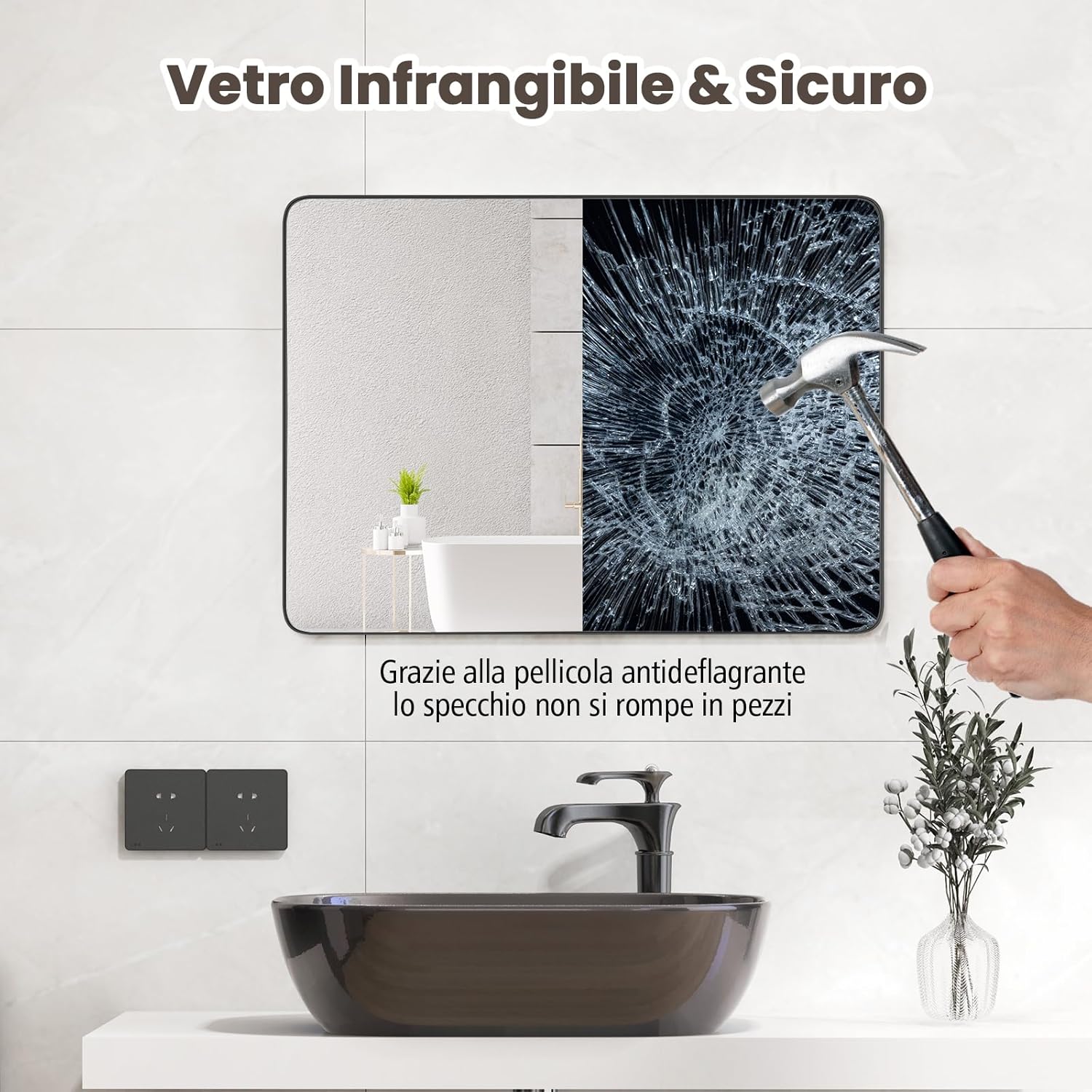 Specchio da Parete 76,5 x 56 cm, Specchio da Bagno Rettangolare con Pellicola Antigraffio, Cornice in Metallo Antiruggine, Ideale per Bagno Soggiorno Ingresso