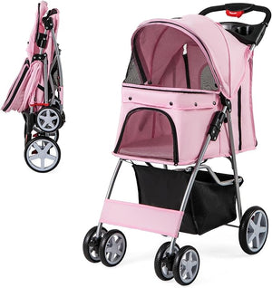 Passeggino per Cani Piccoli Pieghevole, Fino a 15 kg, Ruote 360° con Freni, Cuscino, Porta Doppio, Finestre, Cestino, Portabicchieri, Carrozzina Portatile (Rosa)