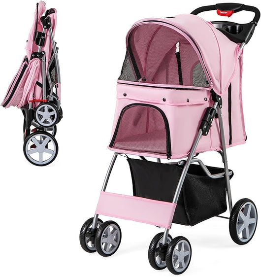 Passeggino per Cani Piccoli Pieghevole, Fino a 15 kg, Ruote 360° con Freni, Cuscino, Porta Doppio, Finestre, Cestino, Portabicchieri, Carrozzina Portatile (Rosa)