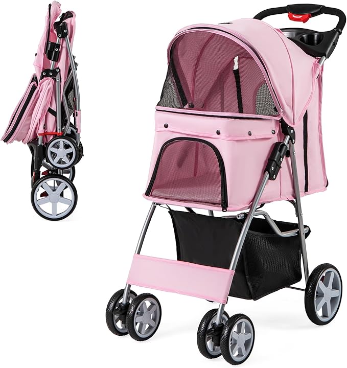 Passeggino per Cani Piccoli Pieghevole, Fino a 15 kg, Ruote 360° con Freni, Cuscino, Porta Doppio, Finestre, Cestino, Portabicchieri, Carrozzina Portatile (Rosa)