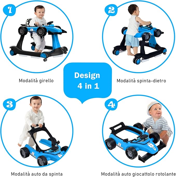 Girello per Bambini 4 in 1, Girello Pieghevole con Altezza e Velocità Regolabili, Carillon con Luci, Volante e Sedile, Primi Passi per Bambini 6-18 Mesi, Portata 15 kg (Blu)