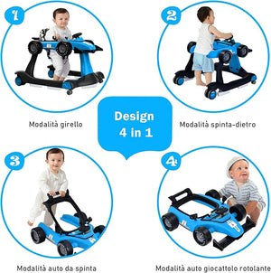 Girello per Bambini 4 in 1, Girello Pieghevole con Altezza e Velocità Regolabili, Carillon con Luci, Volante e Sedile, Primi Passi per Bambini 6-18 Mesi, Portata 15 kg (Blu)