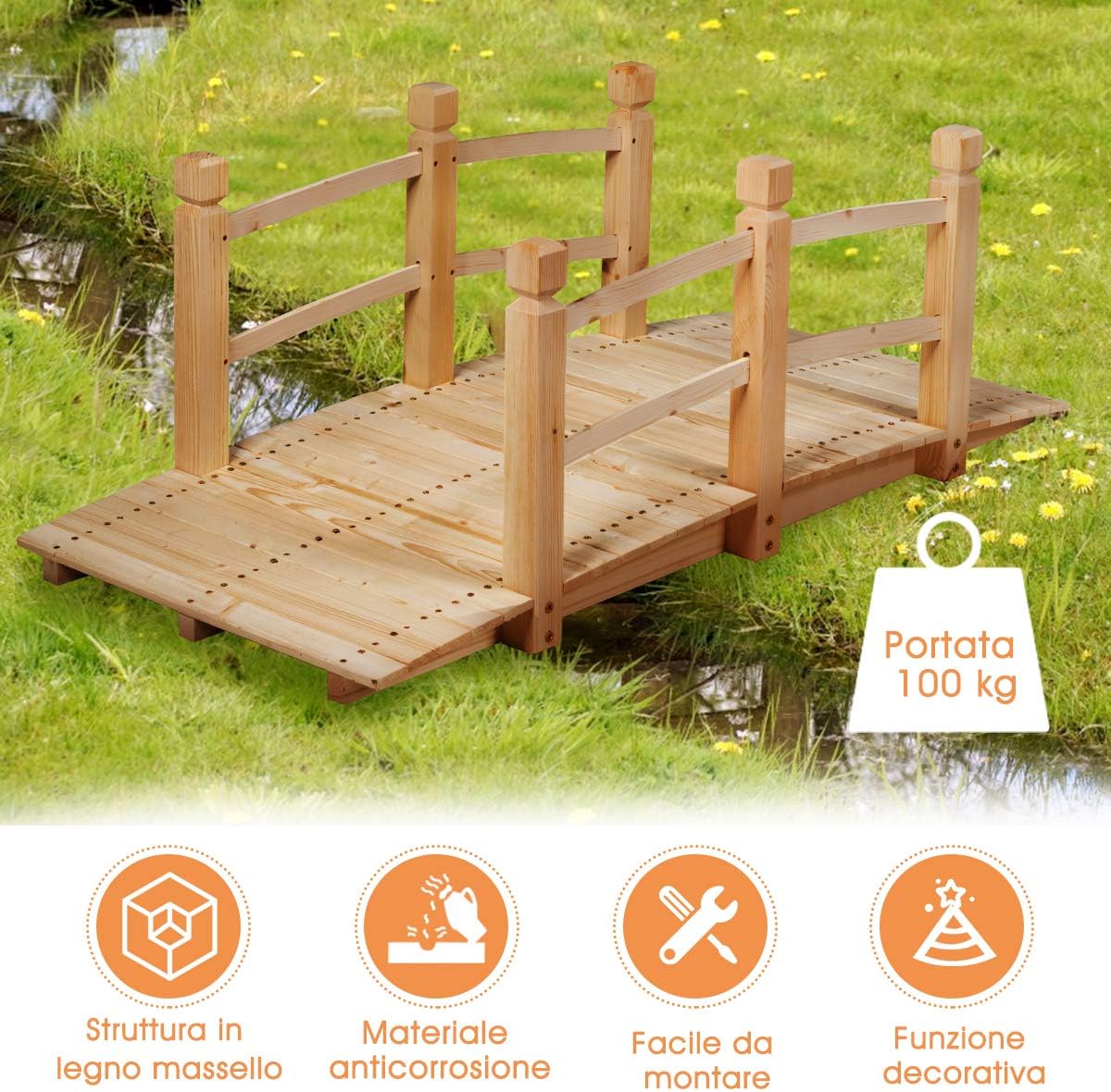 Ponte in Legno per Giardino, Ponte Decorativo con Ringhiera, 150 x 67 x 55cm (Legno Chiaro)