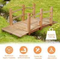 Ponte in Legno per Giardino, Ponte Decorativo con Ringhiera, 150 x 67 x 55cm (Legno Chiaro)