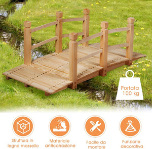 Ponte in Legno per Giardino, Ponte Decorativo con Ringhiera, 150 x 67 x 55cm (Legno Chiaro)