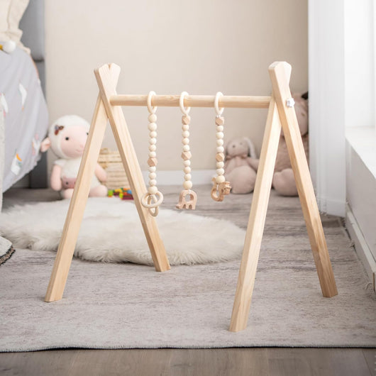 Palestrina per Bambini, Palestrina con Giocattoli per Dentizione Sviluppo Cerebrale Stimolazione Sensoriale, Pieghevole, in Legno, per Bambini 3+ Mesi (Naturale(1))